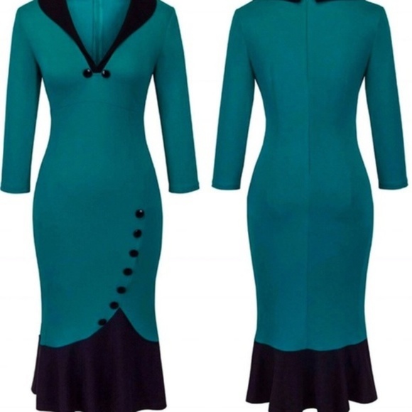 Rockabilly Pin Up Vintage Style Teal & Black Dress - Picture 3 of 8